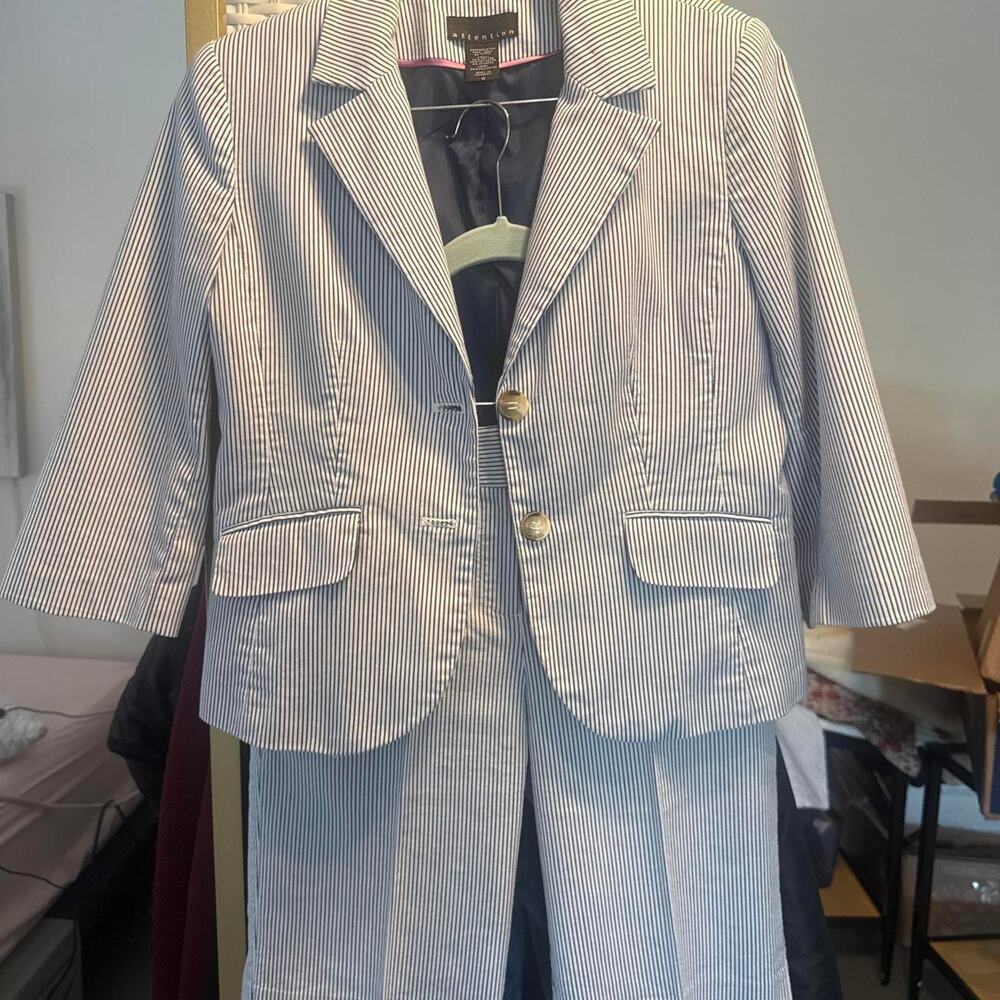 White and blue striped blazer and shorts set